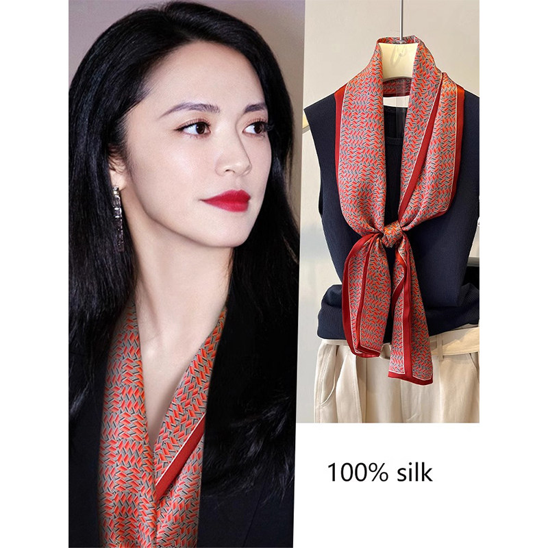 安哥拉红真丝丝巾女新款高级感生日礼物护颈飘带气质高端窄版围巾