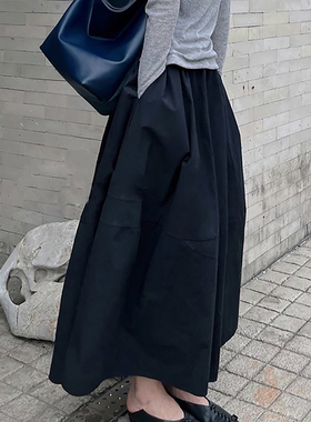 2025春秋新款黑色花苞半身裙女遮垮显瘦高腰松弛感松紧腰大摆伞裙