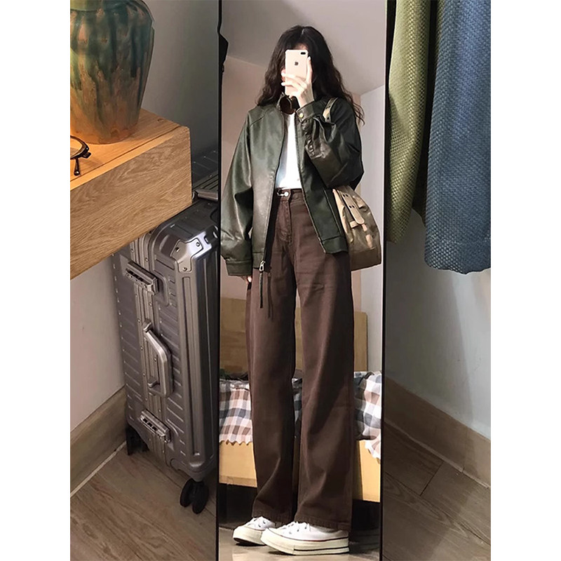 2025春秋新款棕咖色牛仔裤女高腰垂感复古直筒阔腿裤小个子拖地裤
