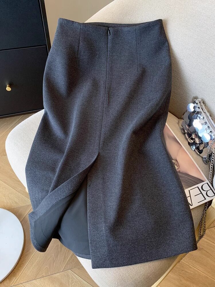 2025春秋新款开衩直筒毛呢半身裙女法式轻熟气质灰色通勤高腰裙子