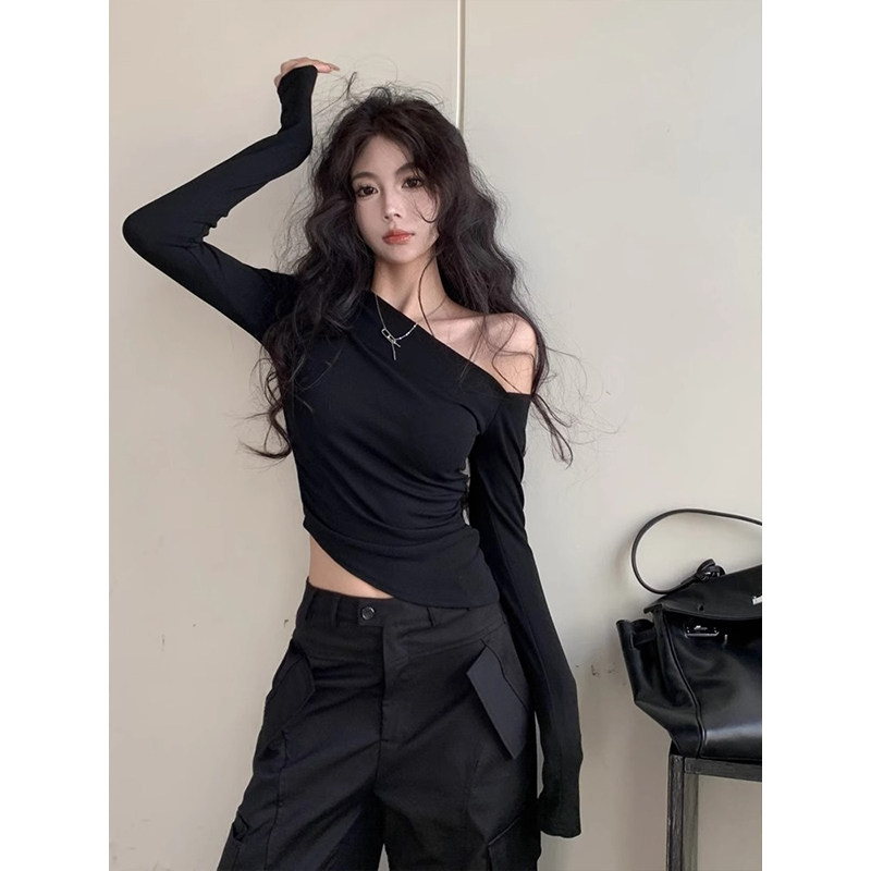 2025春秋新款斜肩上衣女性感辣妹设计感小众修身内搭不规则打底衫