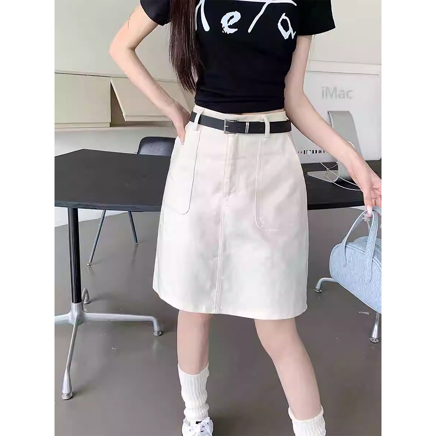 2025夏季新款白色牛仔半身裙女高级感大口袋a字裙高个子白色中裙