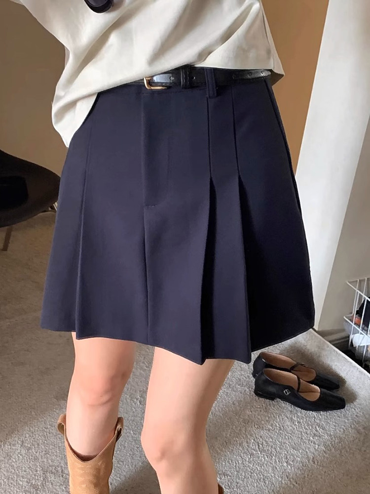 2025春秋新款高腰百褶半身裙女防走光小个子休闲 藏青色a字裙短裙