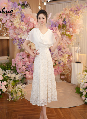 气场强大轻奢连衣裙女2025夏季披肩拼接蕾丝勾花裙子OHDRI07059