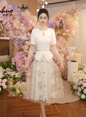 白色法式小香风束腰型连衣裙女2025新款夏亮片网纱裙子OHDRI07028