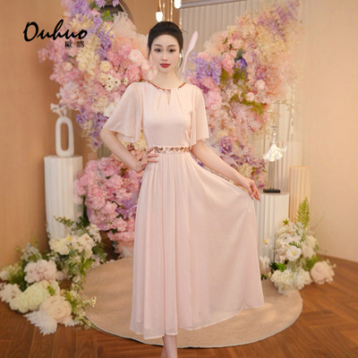 粉色别致收腰夏季连衣裙女2025