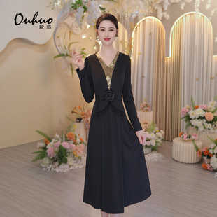 黑色赫本风长袖大衣内搭连衣裙冬装高级感长裙收腰气质OHDRI12007