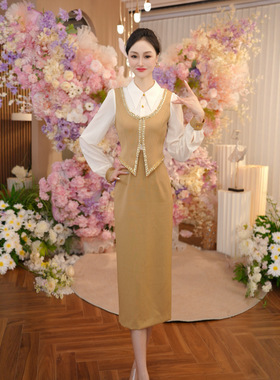 裙子2025新款今年流行爆款卡其色拼接衬衣领马甲连衣裙OHDRI08071