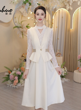 蕾丝拼接假两件收腰连衣裙女2025秋季重要场合绝美裙子OHDRI09046
