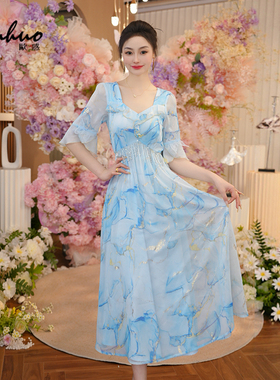 法式碎花连衣裙女2025初夏穿搭法式短袖绝美收腰长裙子OHDRI03122