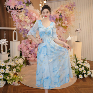 法式碎花连衣裙女2025初夏穿搭法式短袖绝美收腰长裙子OHDRI03122