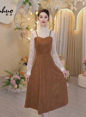 秋季丝绒假两件蕾丝连衣裙女长袖收腰中长款复古通勤裙OHDRI09092