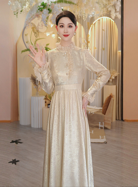 长袖法式香槟杏色连衣裙女2024新款秋冬装高端减龄裙子OHDRH12249