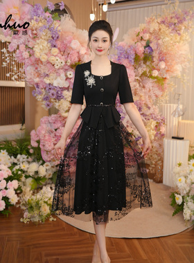 黑色拼接束腰型连衣裙女2025夏季韩系独特绝美小裙子OHDRI07037
