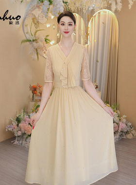 法式V领连衣裙女2025夏季新款蕾丝收腰气质优雅长裙子OHDRI04070