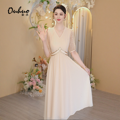 法式V领亮片连衣裙女2025新款