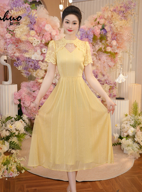 黄色蕾丝收腰连衣裙女短袖2025夏季新款气质绝美长裙OHDRI04166