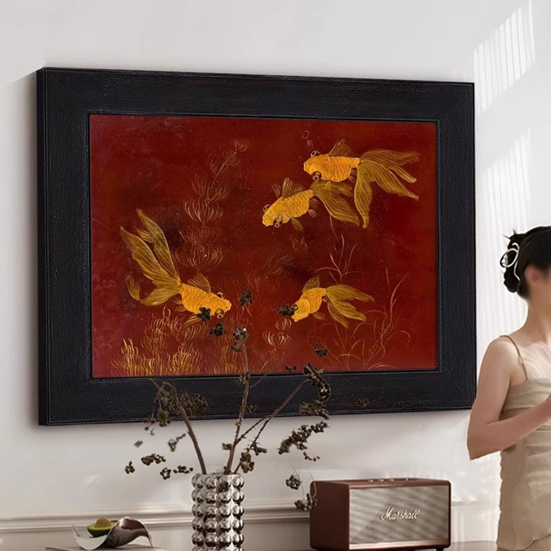《年年有余》中式复古装饰画客厅国风锦鲤鱼玄关中古风高级感挂画图片