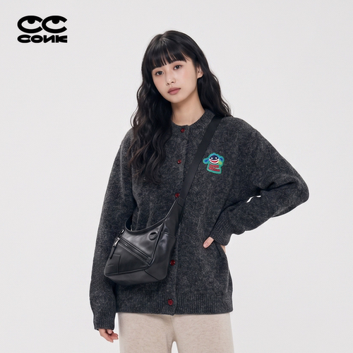 春秋女卡通刺绣软糯圆领针织开衫