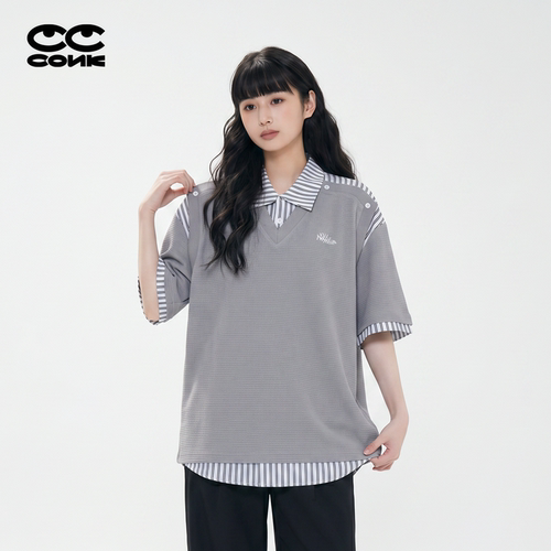 韩系假两件条纹拼接翻领T恤女