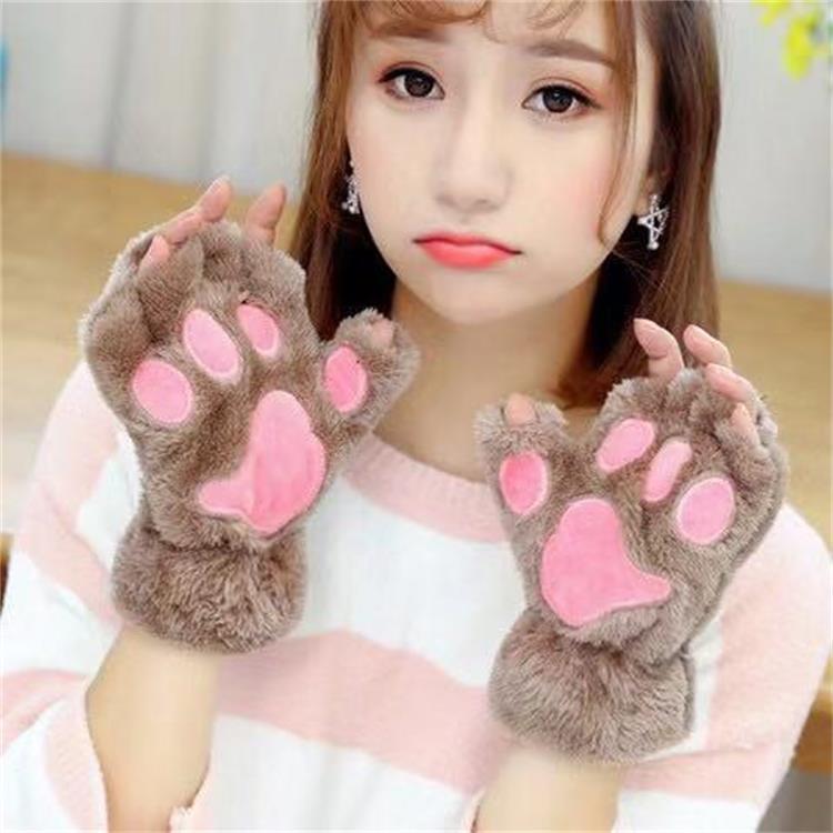 冬季卡通猫爪带绳保暖手套男女韩版可爱女生露指