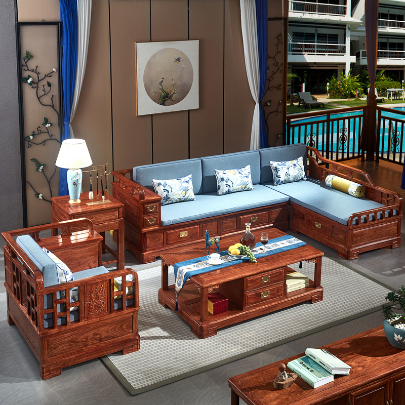 紅木沙發新中式花梨木刺猬紫檀沙發轉角貴妃客廳L型實木沙發組合