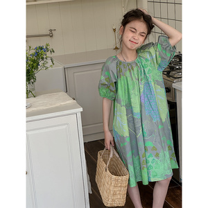 PAUL童装 水墨画女童连衣裙2026夏装新款儿童裙子女孩洋气短袖公