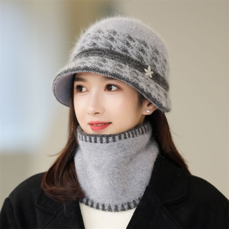 兔毛帽子围巾套装围脖两用中老年人女秋冬妈妈奶奶帽冬季加绒保暖