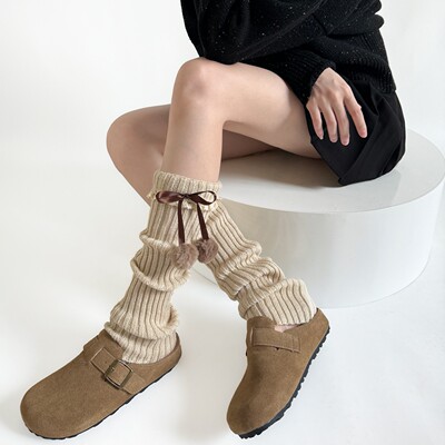 秋冬咖色毛球腿套可爱蝴蝶结蕾丝花边中筒堆堆袜子女针织叠穿袜套
