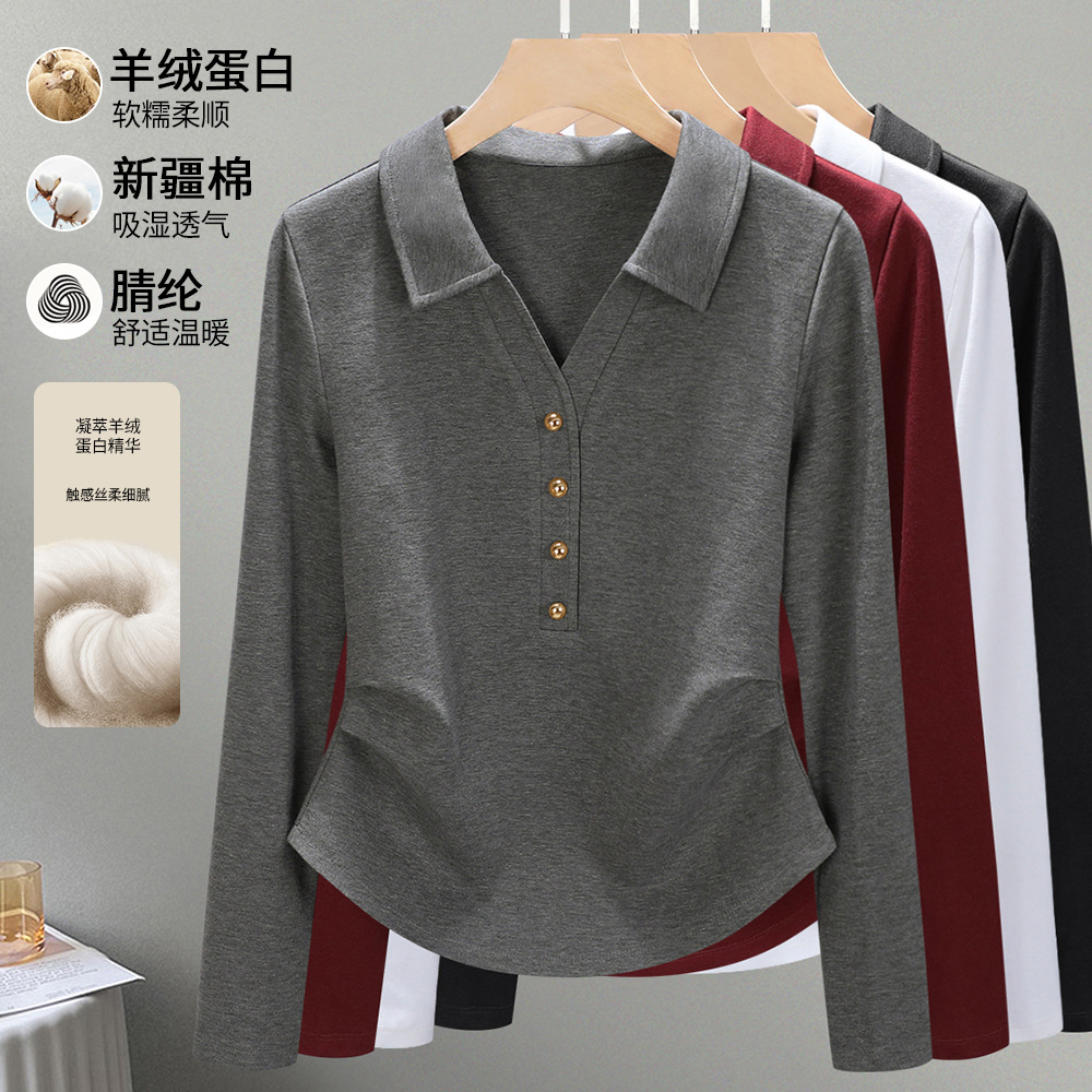 2025春季新款时尚长袖翻领t恤女洋气修身显瘦Polo领休闲打底衫女