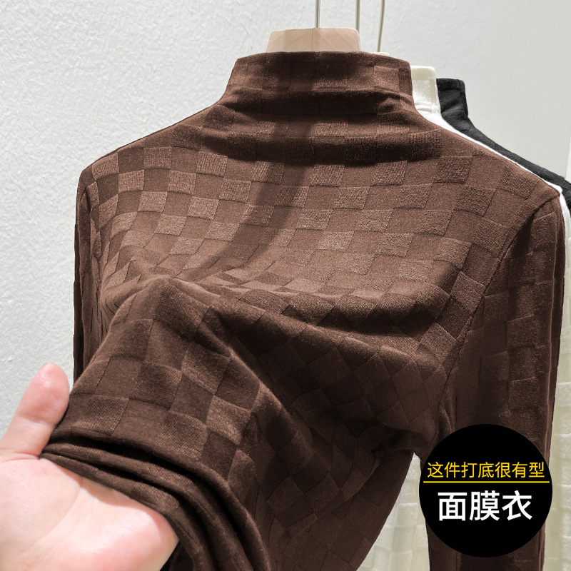 半高领格子提花t恤上衣女