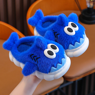 儿童棉拖鞋卡通软底加绒加厚宝宝男女秋冬季保暖居家室内可爱鲨鱼