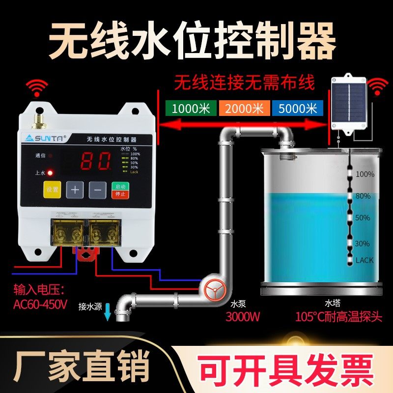 适用无线全自动远程水位控制器水泵家用水塔电子液位遥控智能感应