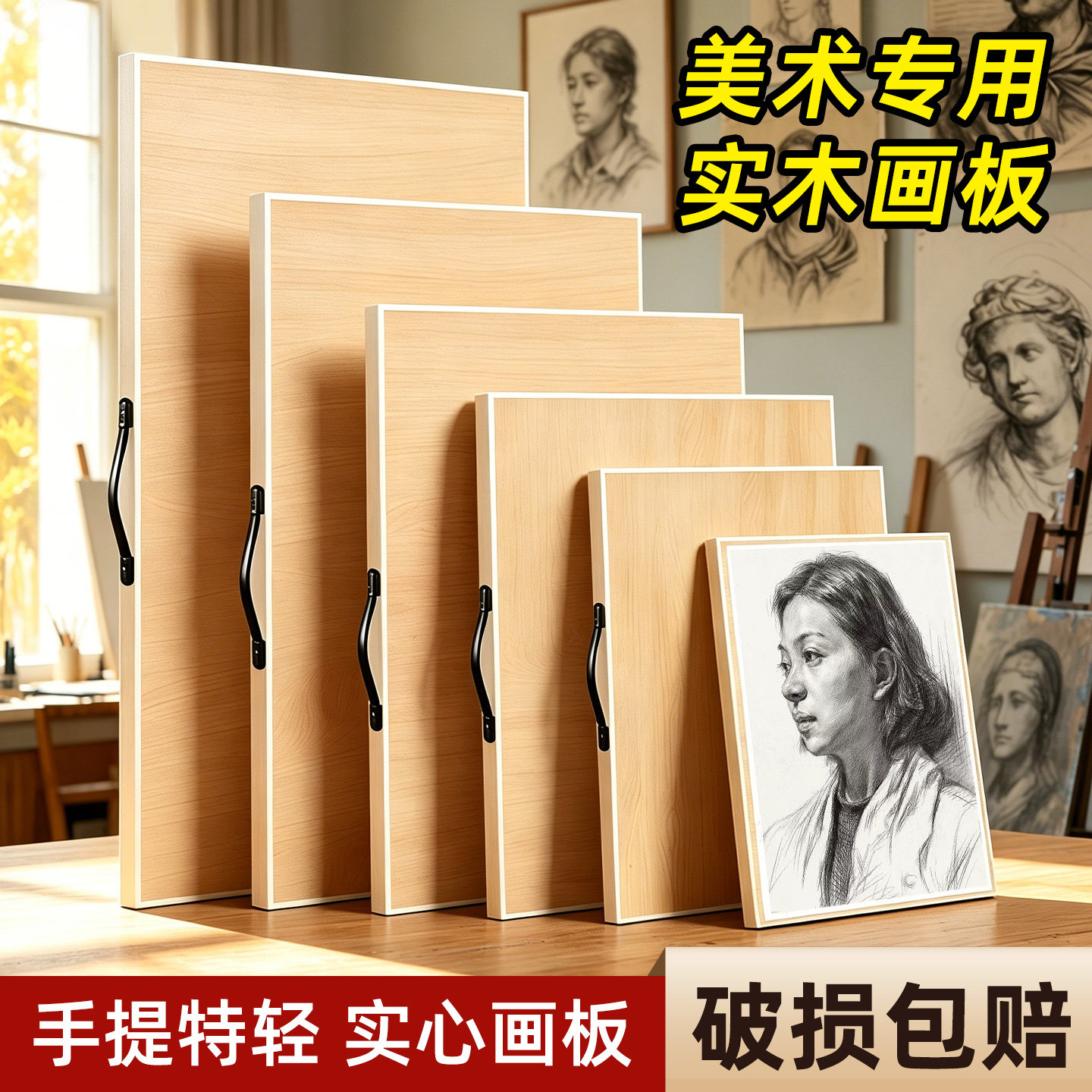 4K画板美术生专用素描板手提特轻便携空心实心儿童家用绘图板美术专用二开四开八开写生木制画板实木工具套装