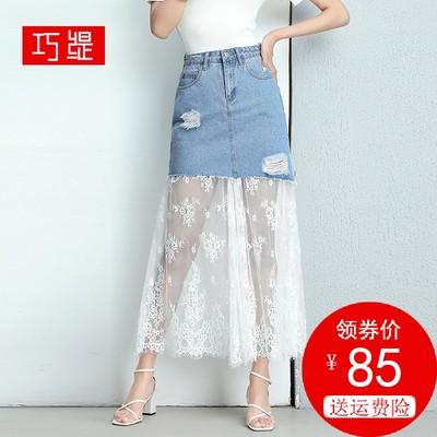 2019夏季新款韩版包臀网纱时尚长裙女高腰牛仔斜裁蕾丝拼接半身裙在类目 女装/女士精品, 半身裙中 - 来自Buy2taobao.com提供专业的淘宝代购服务