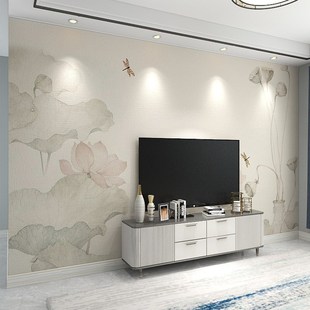 新中式 素雅墙纸客厅电视背景墙壁纸卧室沙发壁布壁画工笔荷花墙布