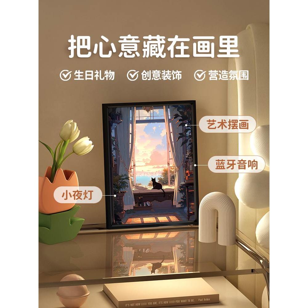 蓝牙音箱灯光画定制猫咪小夜灯卧室床头发光装饰画音响画新年礼物图片