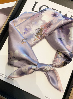 紫色真丝丝巾女百搭春秋洋气时尚小方巾杭州丝绸100%桑蚕丝小领巾