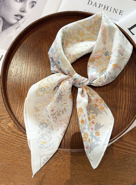 高级感黄色花园真丝双绉丝巾女春夏季百搭100%桑蚕丝巾方巾小领巾