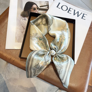 早秋新款真丝小丝巾100%桑蚕丝珍珠磁吸扣装饰领巾懒人系脖围巾女