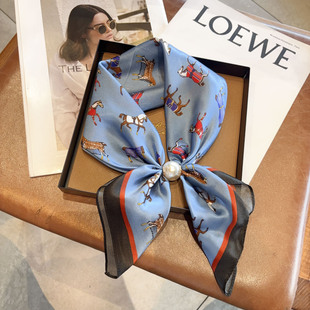 新款高级感真丝小丝巾100%桑蚕丝珍珠磁吸扣装饰领巾懒人系脖围巾