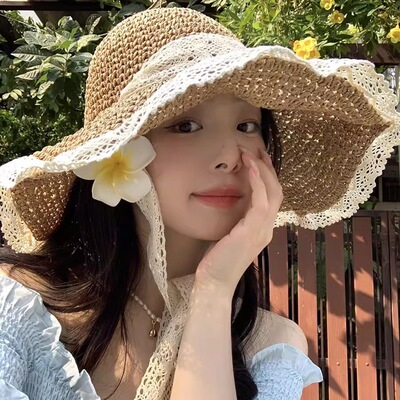 Beach straw hat草帽海边ins系带草编女出游防晒沙滩蕾丝