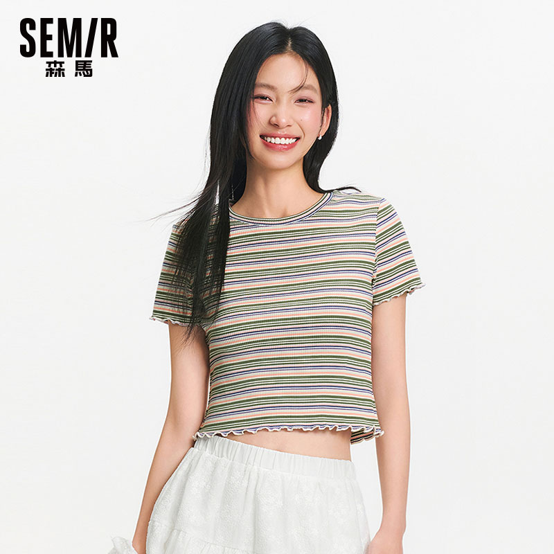 森马多巴胺条纹短款短袖T恤女生