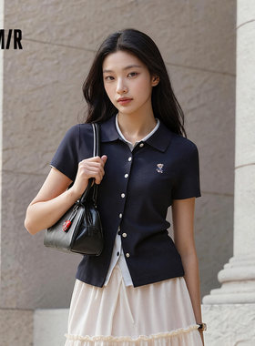 森马小狗刺绣紧身正肩POLO衫女