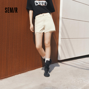 街头潮流直筒裤 森马牛仔裤 个性 2026新款 女夏毛边磨破做旧A字短裤