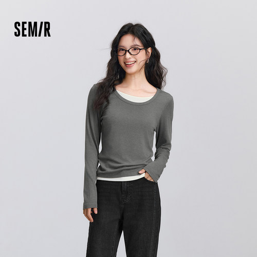 森马潮假两件修身圆领长袖T恤女