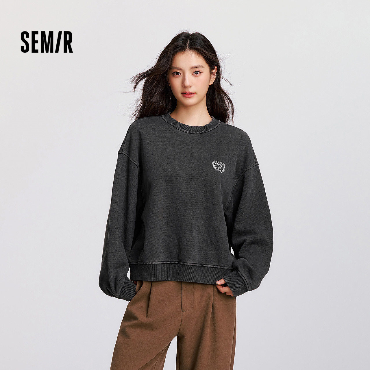 森马卫衣女冬重磅宽松落肩抓绒打底衫做旧复古街头盐系潮流套头衫