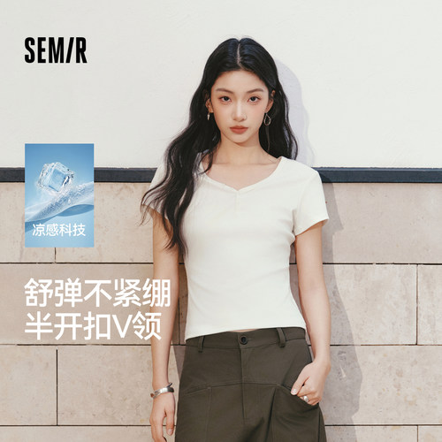 森马V领半开襟正肩短款短袖T恤女