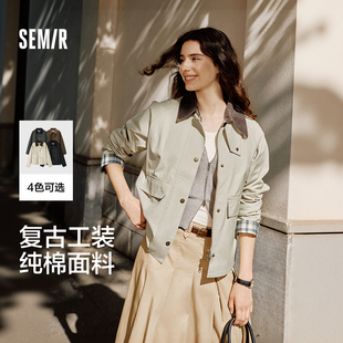 森马外套女巴恩风2025秋季 新款 宽松灯芯绒翻领拼接夹克 商场同款