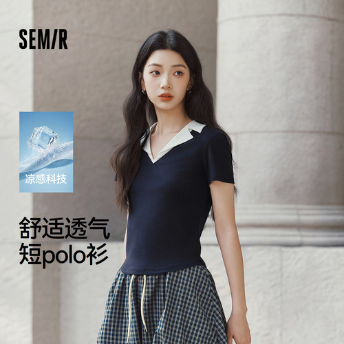 森马凉感撞色西装领短款POLO衫女